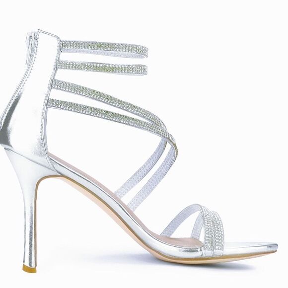 Ankle Strap Open Toe Rhinestone Stiletto Heels - Picture 1 of 11